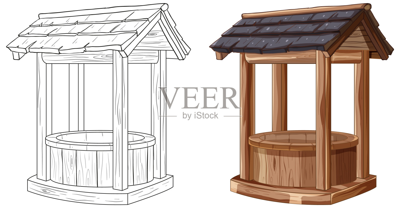 两种风格的木井，素描和彩色插画图片素材