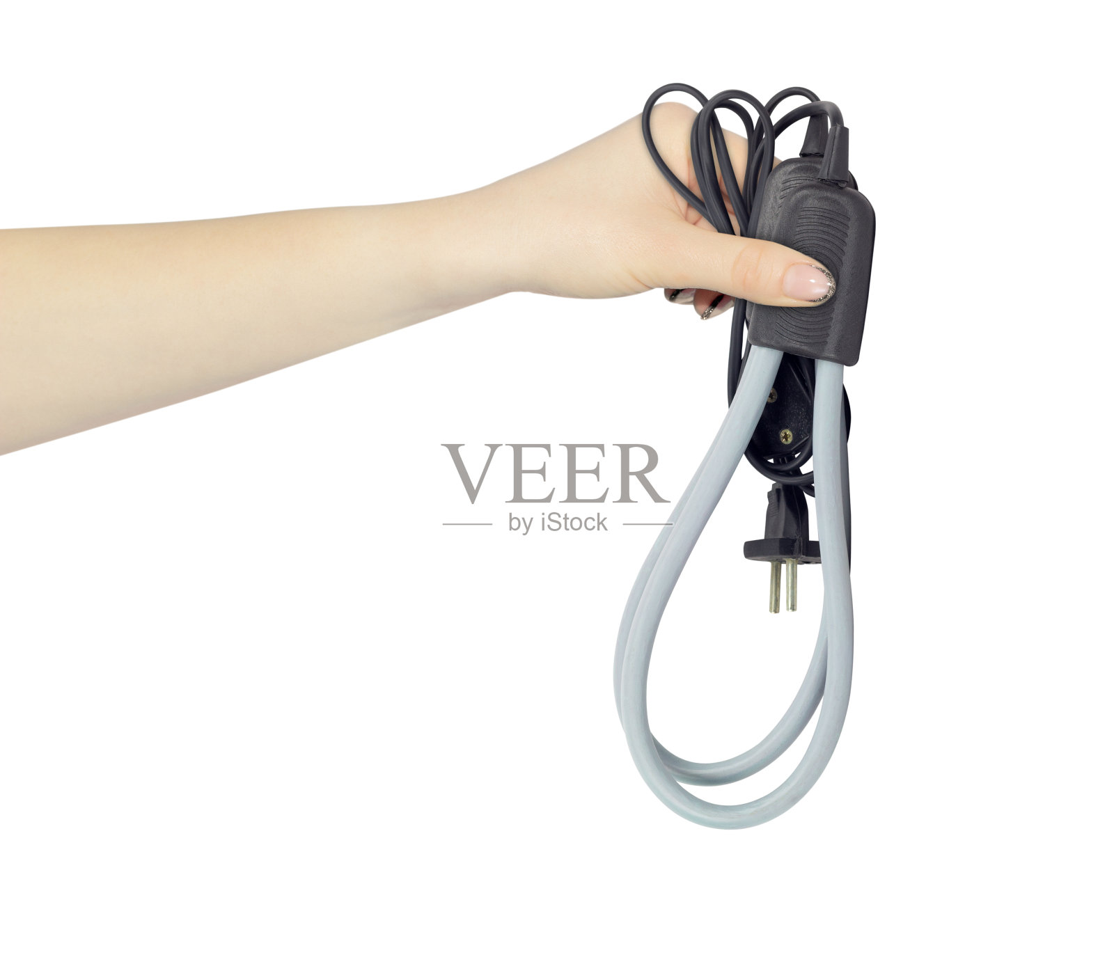 电动干鞋机在伸出手隔离背景，湿鞋的概念照片摄影图片