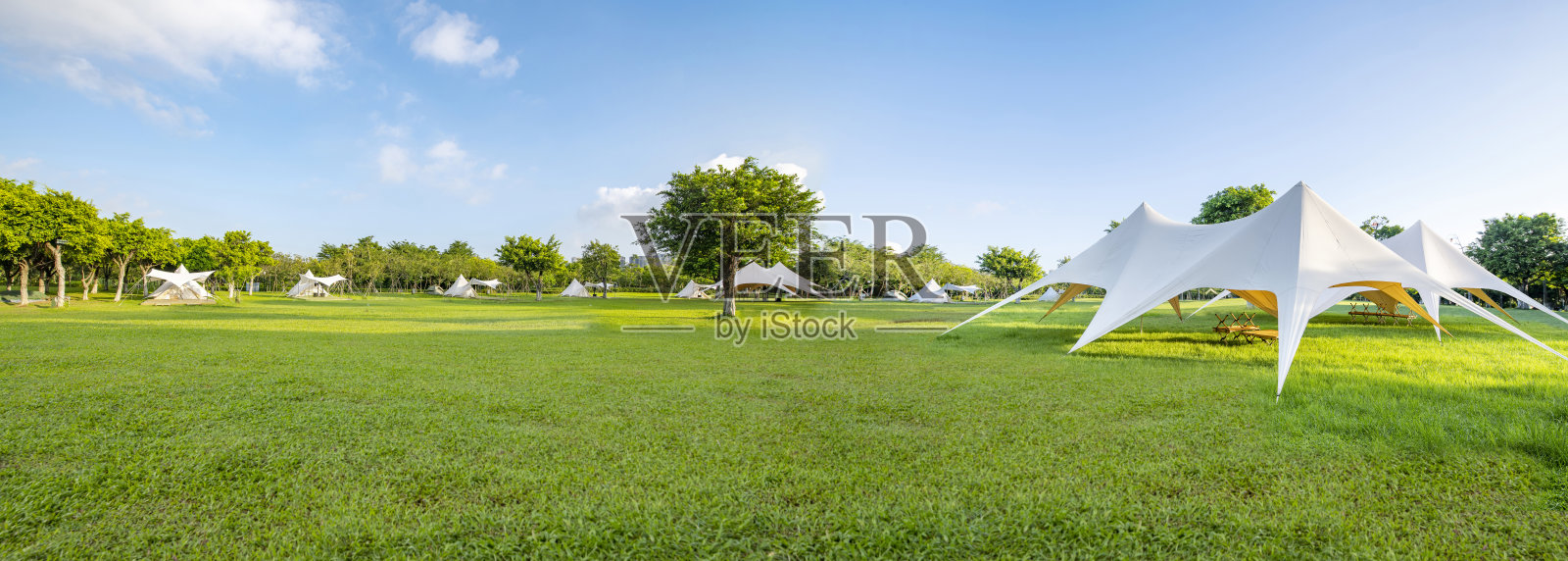 早上在公园露营草地上的帐篷照片摄影图片