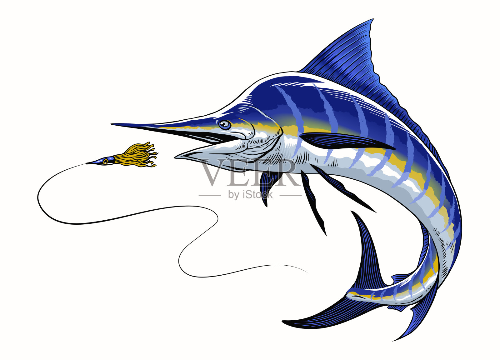 蓝马林鱼追逐诱饵插画图片素材