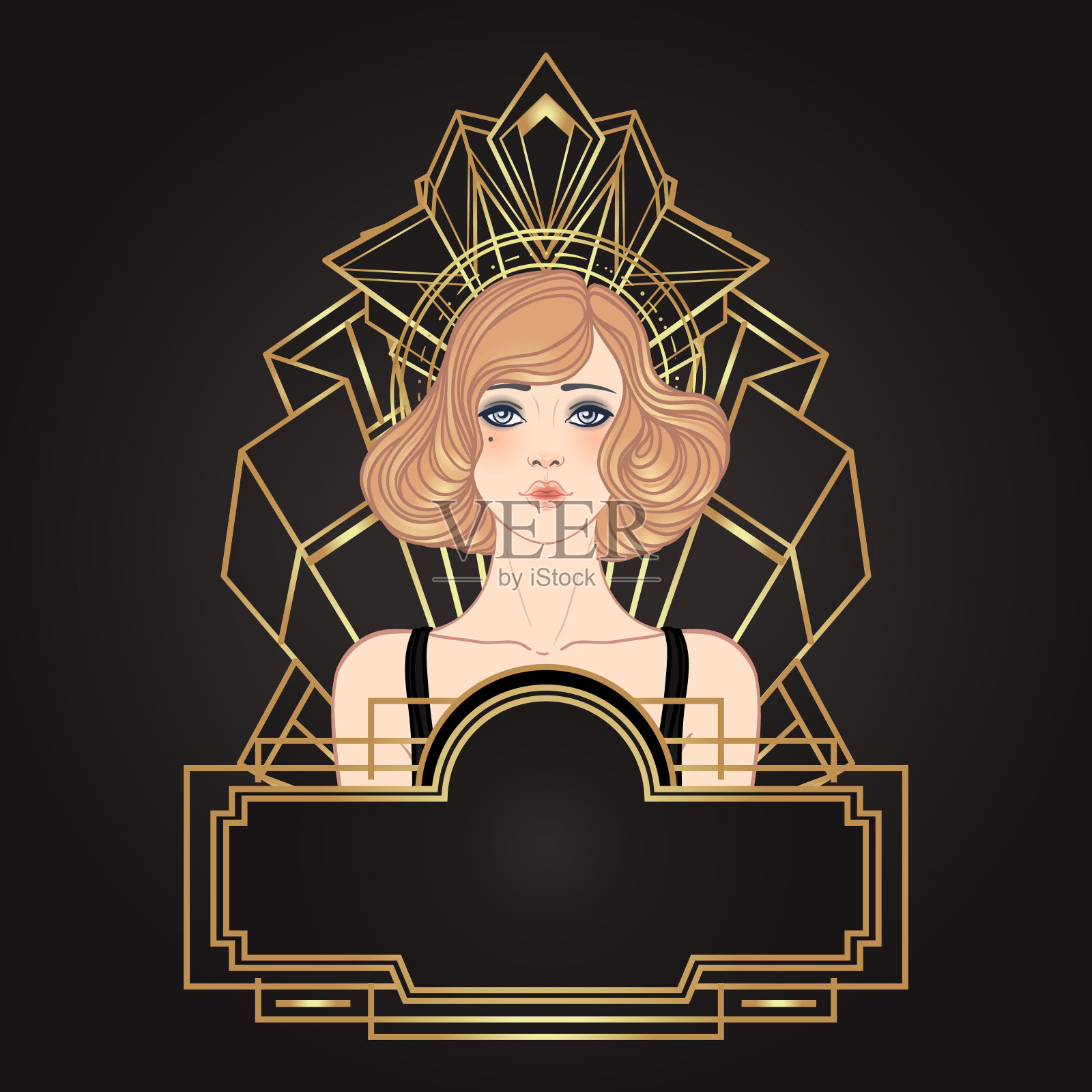 装饰艺术复古邀请模板设计与插图扑女孩的模式和框架。复古派对背景设置在20世纪20年代的风格。矢量魅力派对。插画图片素材