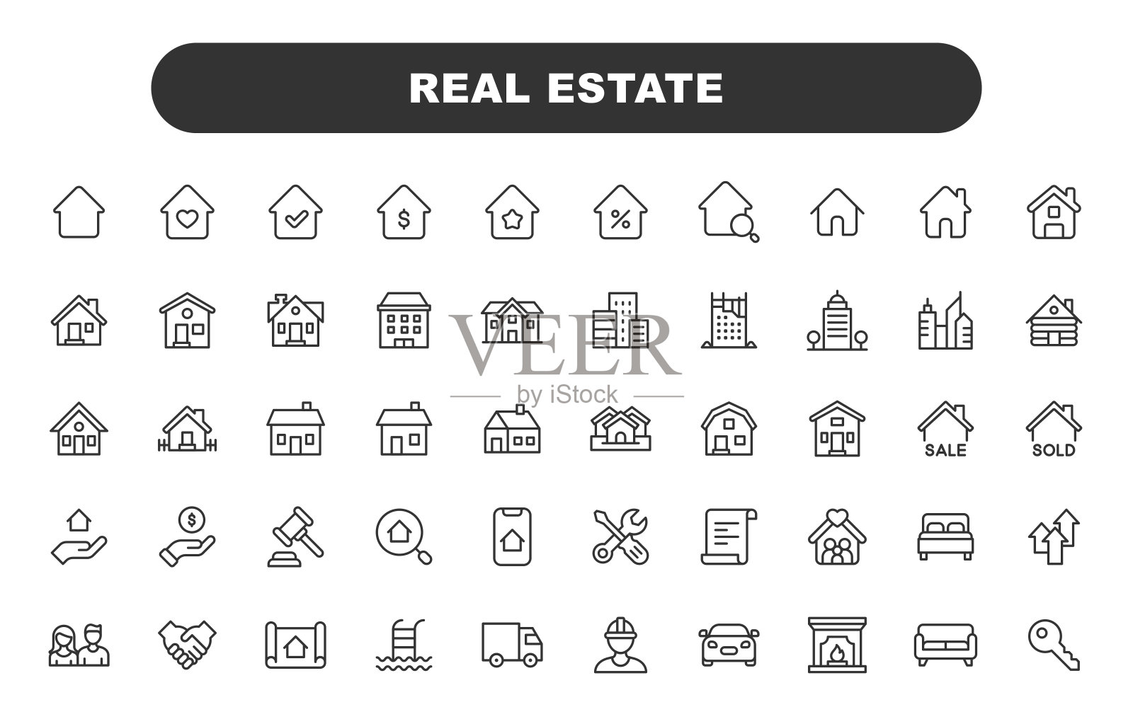 房地产线图标。可编辑的中风。包含这样的图标，如建筑，家庭，钥匙，抵押，建设，家庭，移动，家，房子。插画图片素材