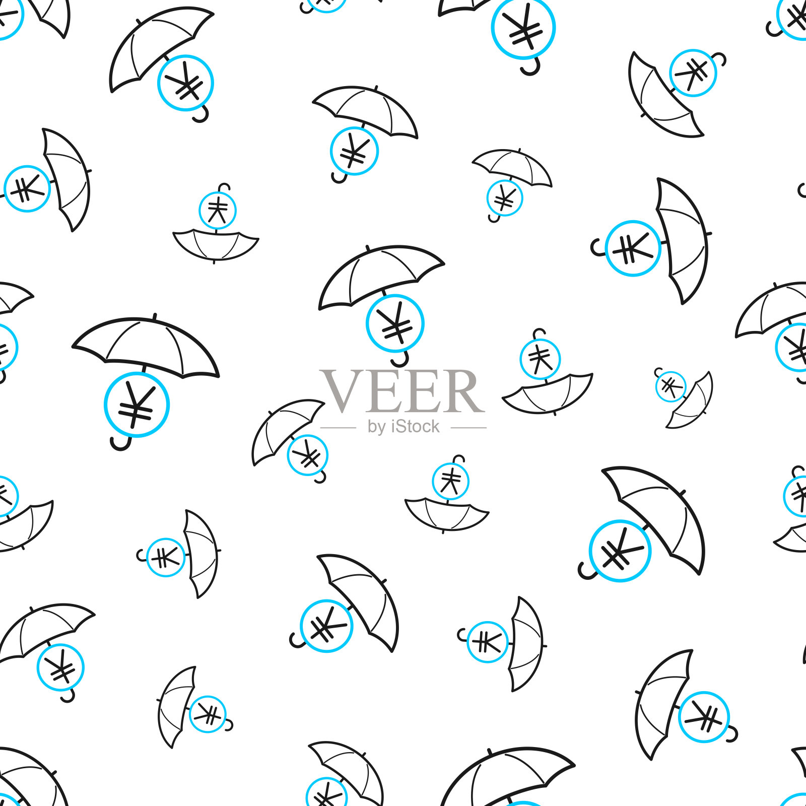 伞下的日元硬币。无缝模式。白色背景上的线条图标插画图片素材