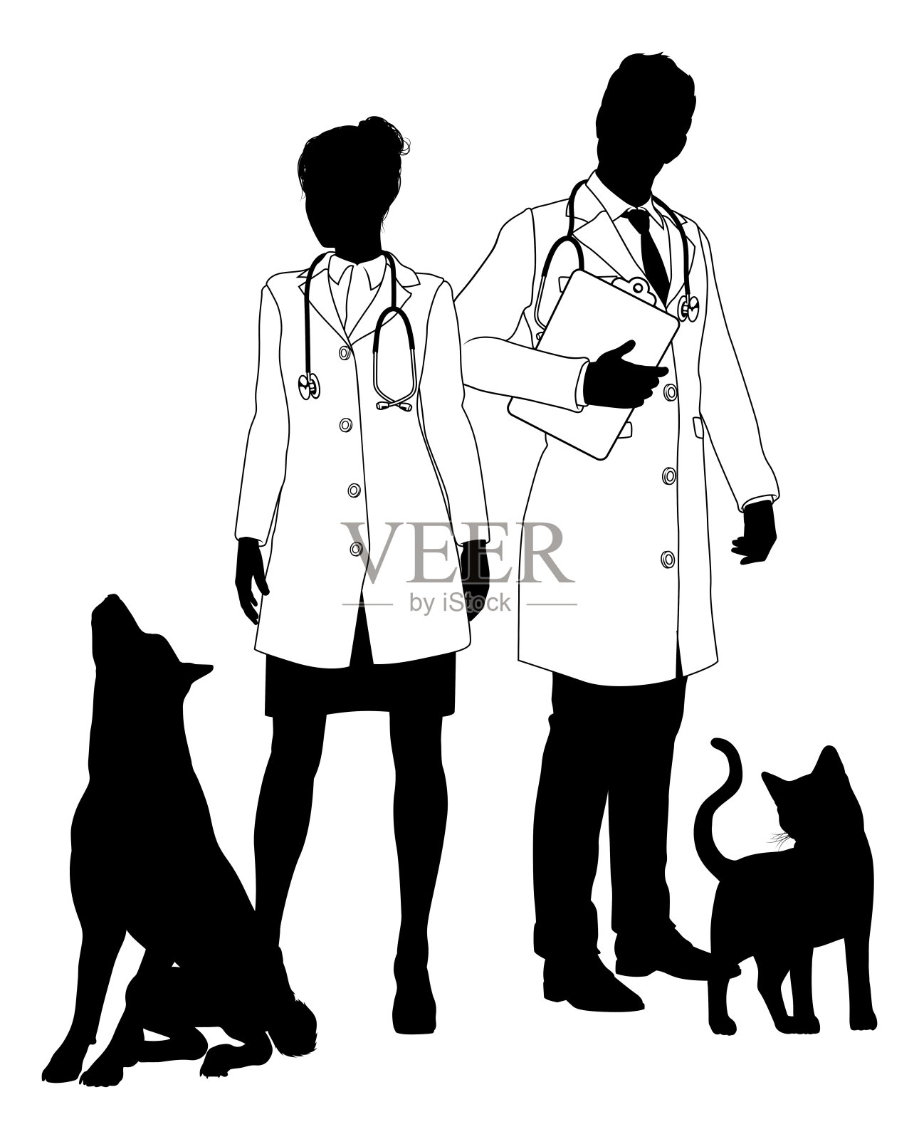 男人和女人兽医狗和猫宠物剪影插画图片素材