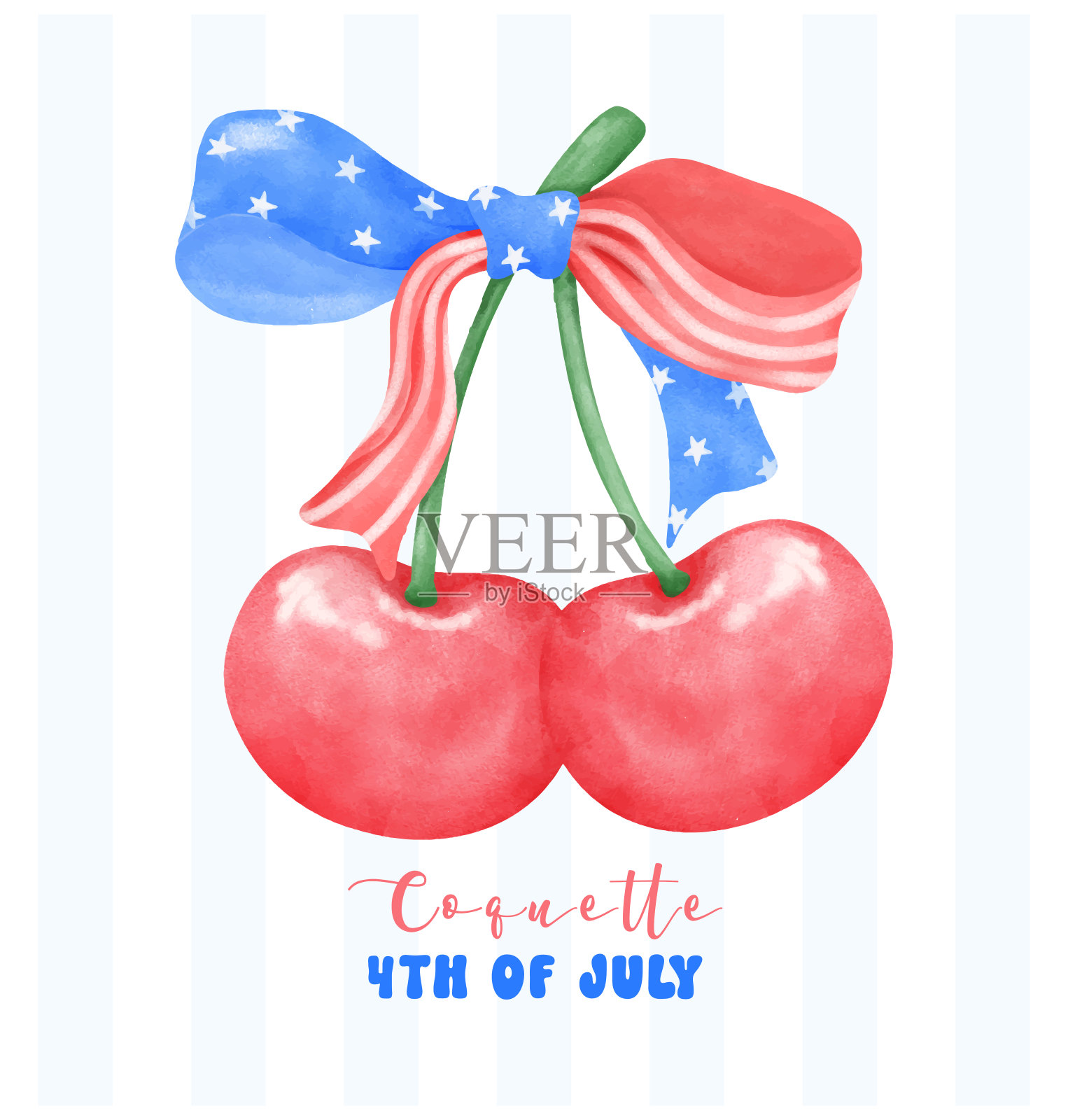 迷人的7月4日樱桃与星星和条纹缎带蝴蝶结水彩画。插画图片素材