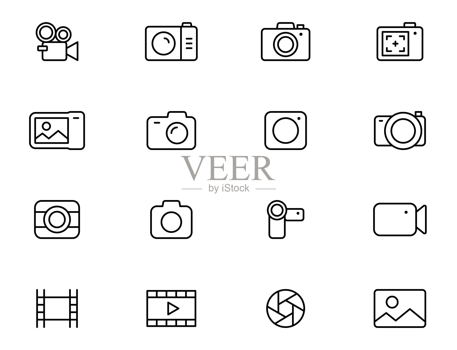 相机线条图标集。摄影图标。多媒体轮廓图标 - 照片和视频。设备图标。可编辑笔画。矢量图。插画图片素材