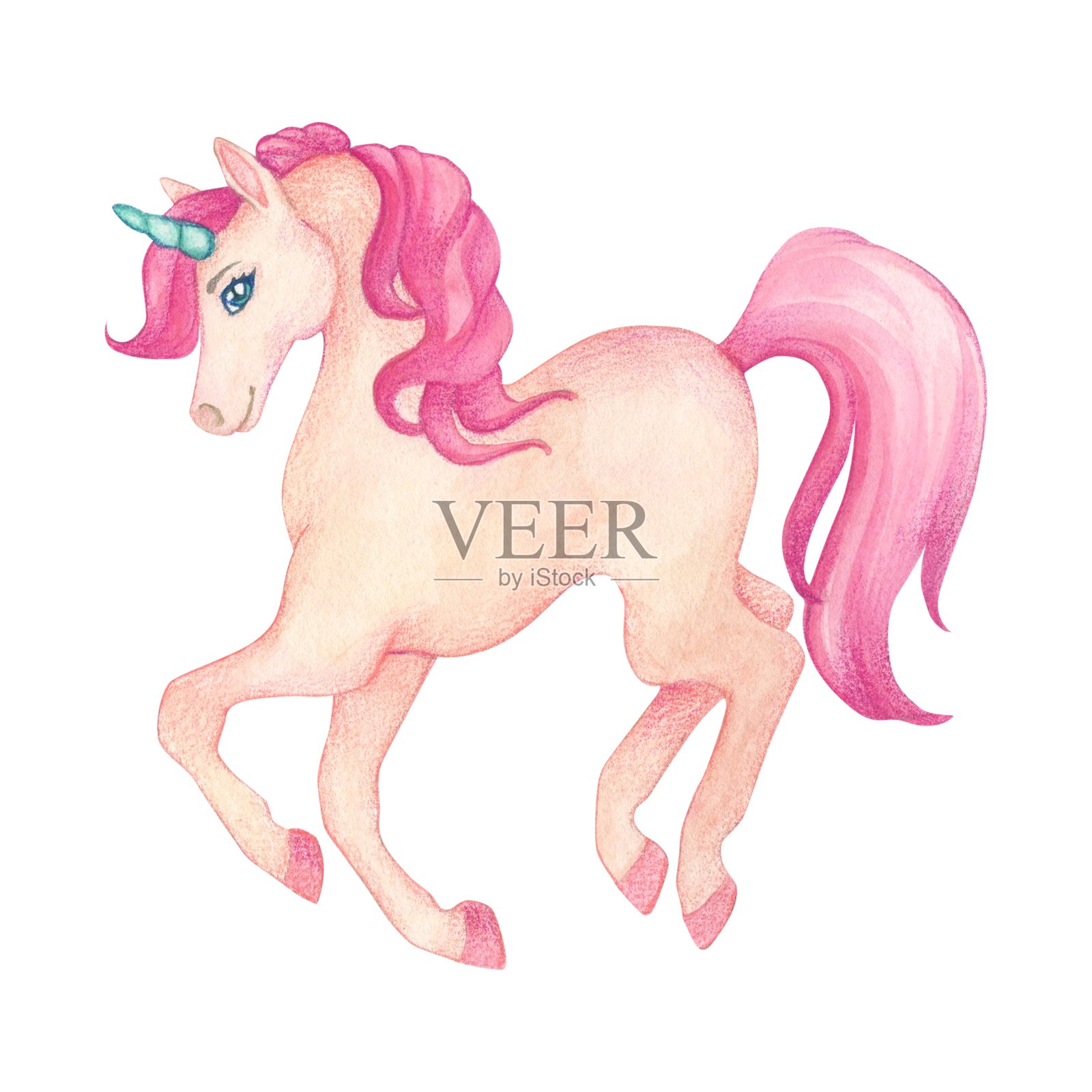 粉色和绿松石色的可爱跳跃独角兽水彩插图。用于装饰儿童房间壁纸和儿童用品的童话卡通人物插画图片素材