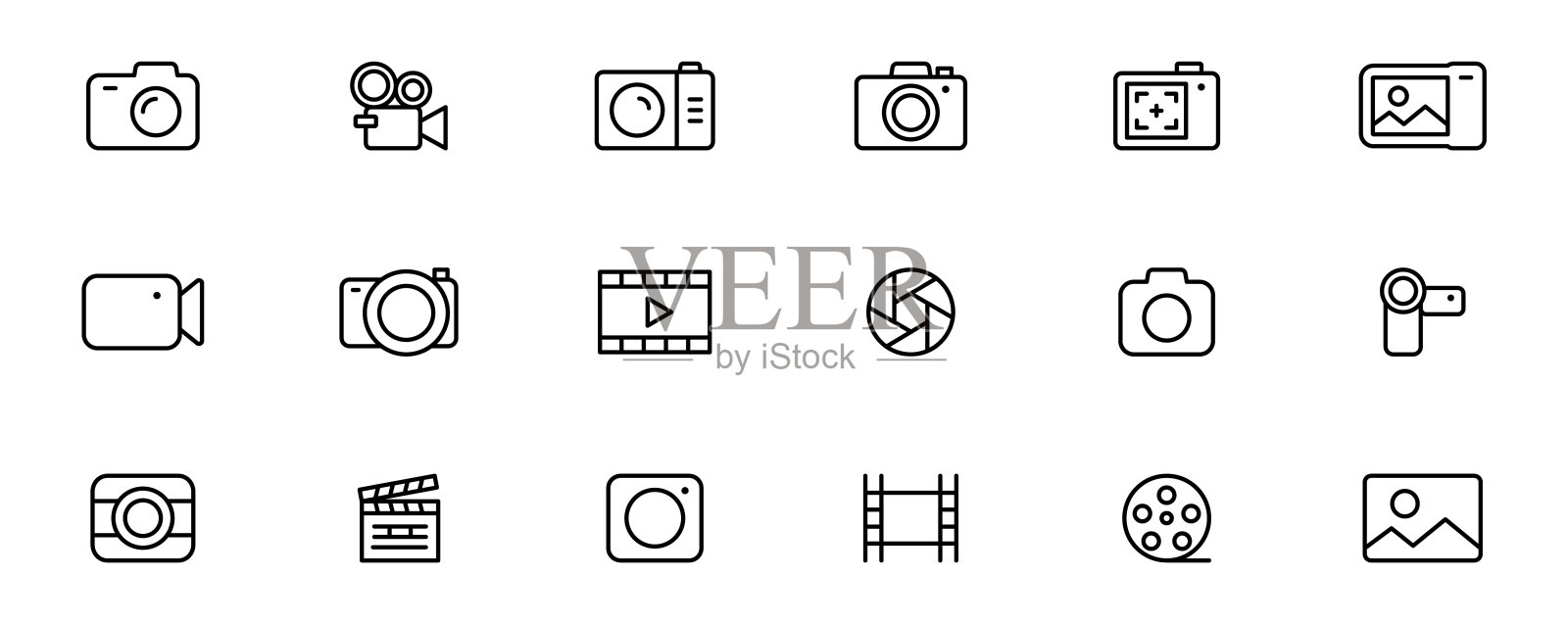 相机线条图标集。摄影图标。多媒体轮廓图标 - 照片和视频。设备图标。可编辑笔画。矢量图。插画图片素材
