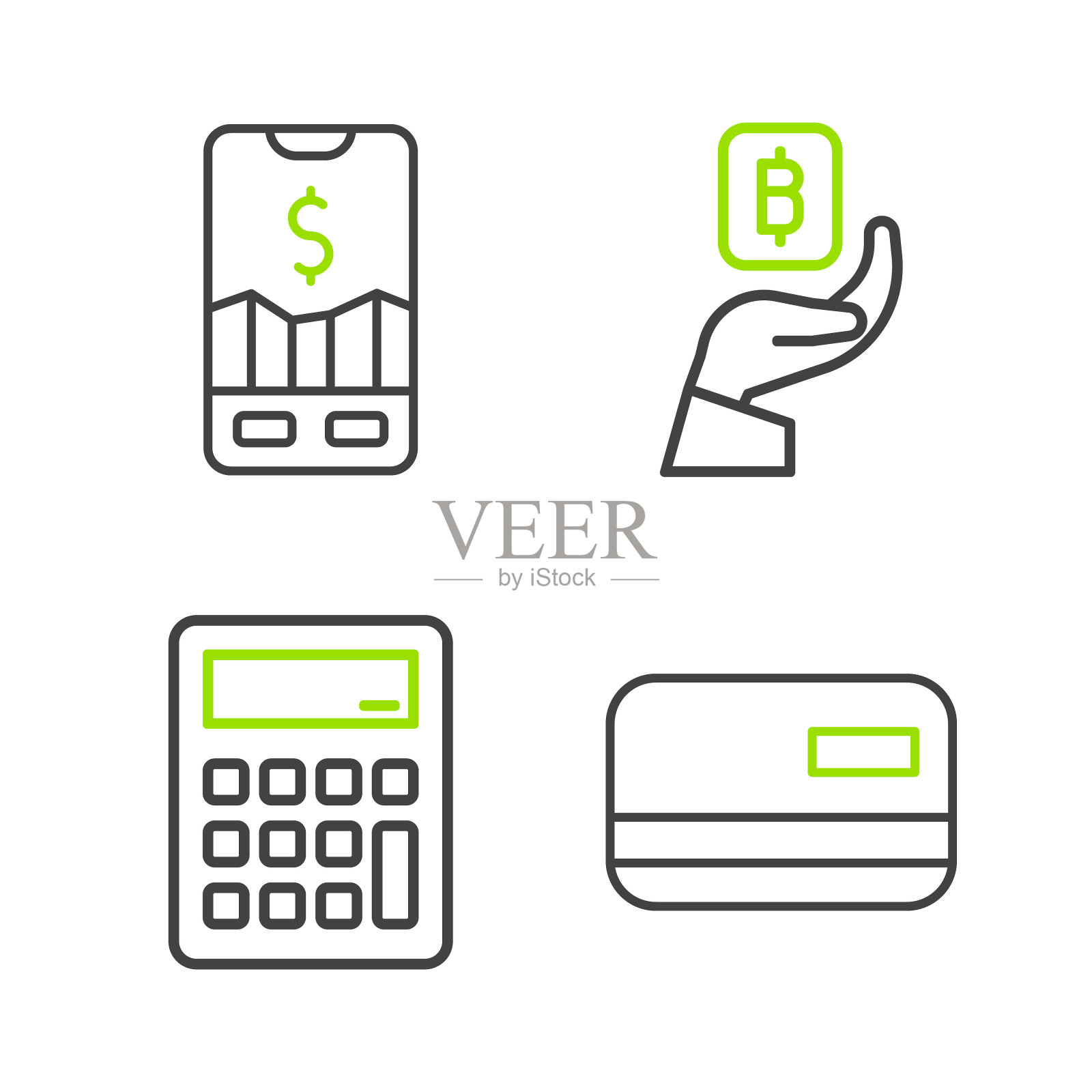 设置线信用卡，计算器，手持比特币和移动股票交易图标。向量插画图片素材