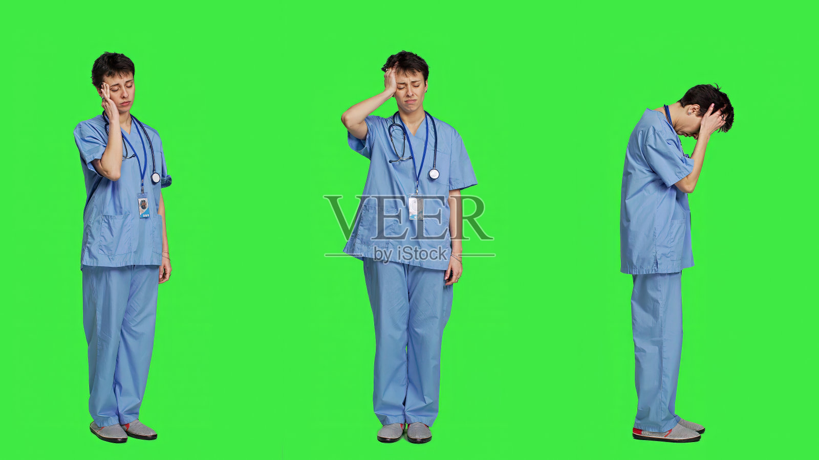 身体不适的护士在绿幕背景下头痛不已照片摄影图片