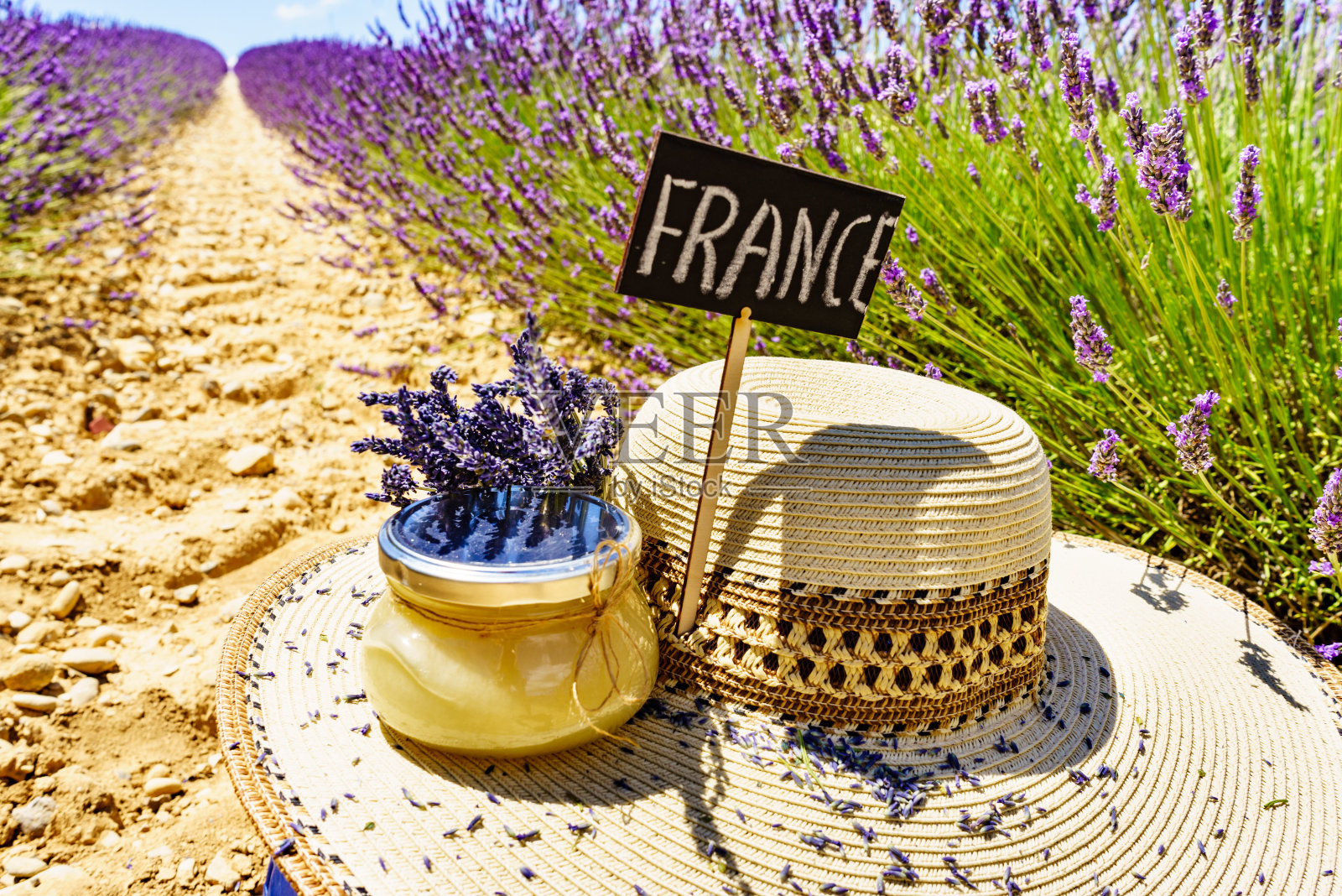 薰衣草田的蜂蜜罐。在法国度假。照片摄影图片