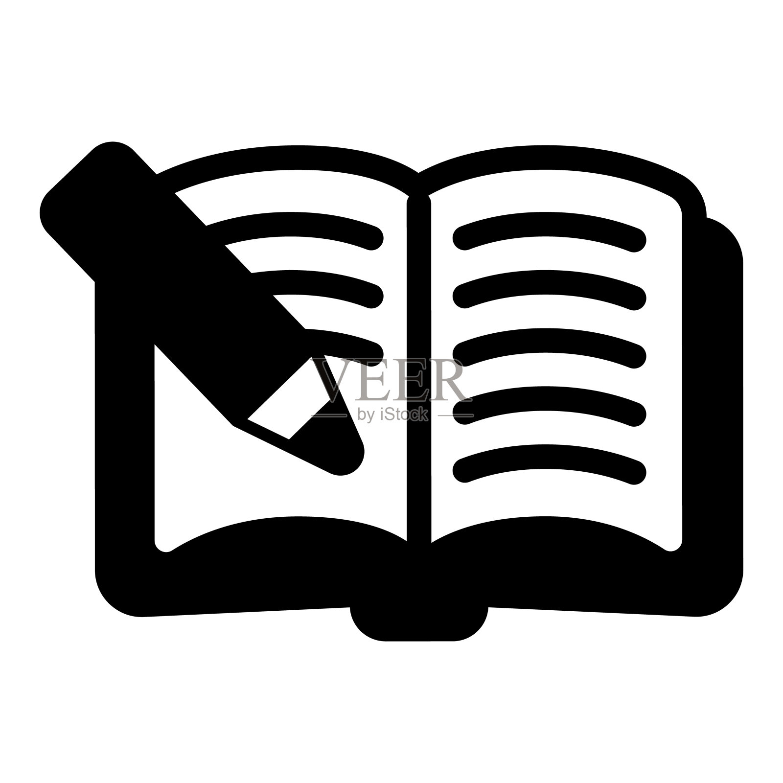 打开书与铅笔固体图标，儿童图书日的概念，书与铅笔矢量标志在白色背景，文字，铅笔字形风格的移动概念网页设计。矢量图形。插画图片素材