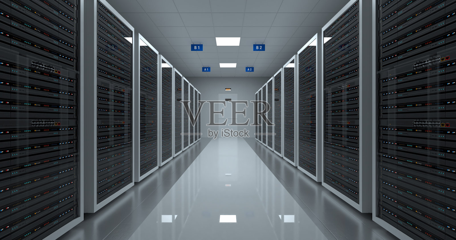 现代数据中心中的服务器机架。镜头缓慢向前移动。照片摄影图片