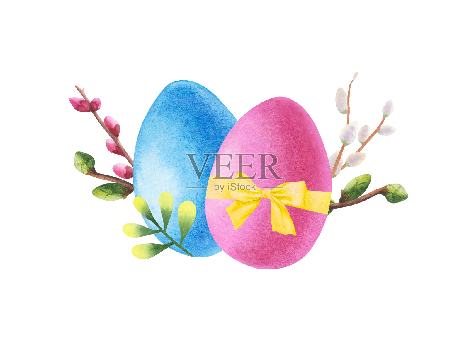 白色背景上有蝴蝶结和柳枝的复活节彩蛋。复活节贺卡快乐。手绘水彩插图。用于设计、卡片、请柬、祝贺、包装、印刷、广告插画图片素材