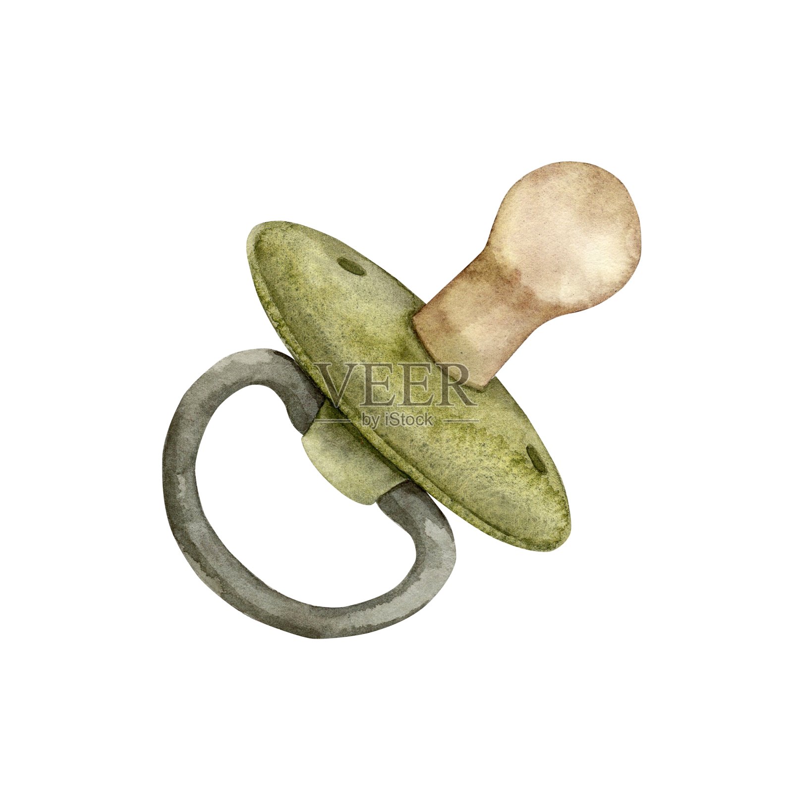 给新生婴儿画的绿色奶嘴的水彩画。插图手绘在孤立的背景上的卡片，室内，贴纸，纺织品，设计，邀请插画图片素材