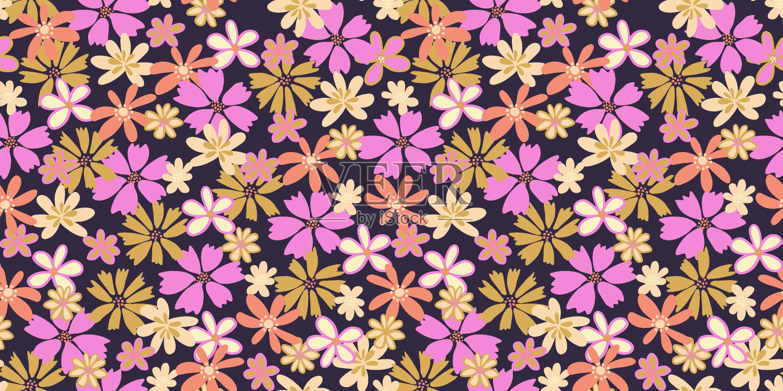 彩色无缝图案与抽象形状groovy花。矢量手绘。可爱的愚蠢的草地印刷在一个黑色的背景。模板设计，幼稚的纺织品，面料插画图片素材