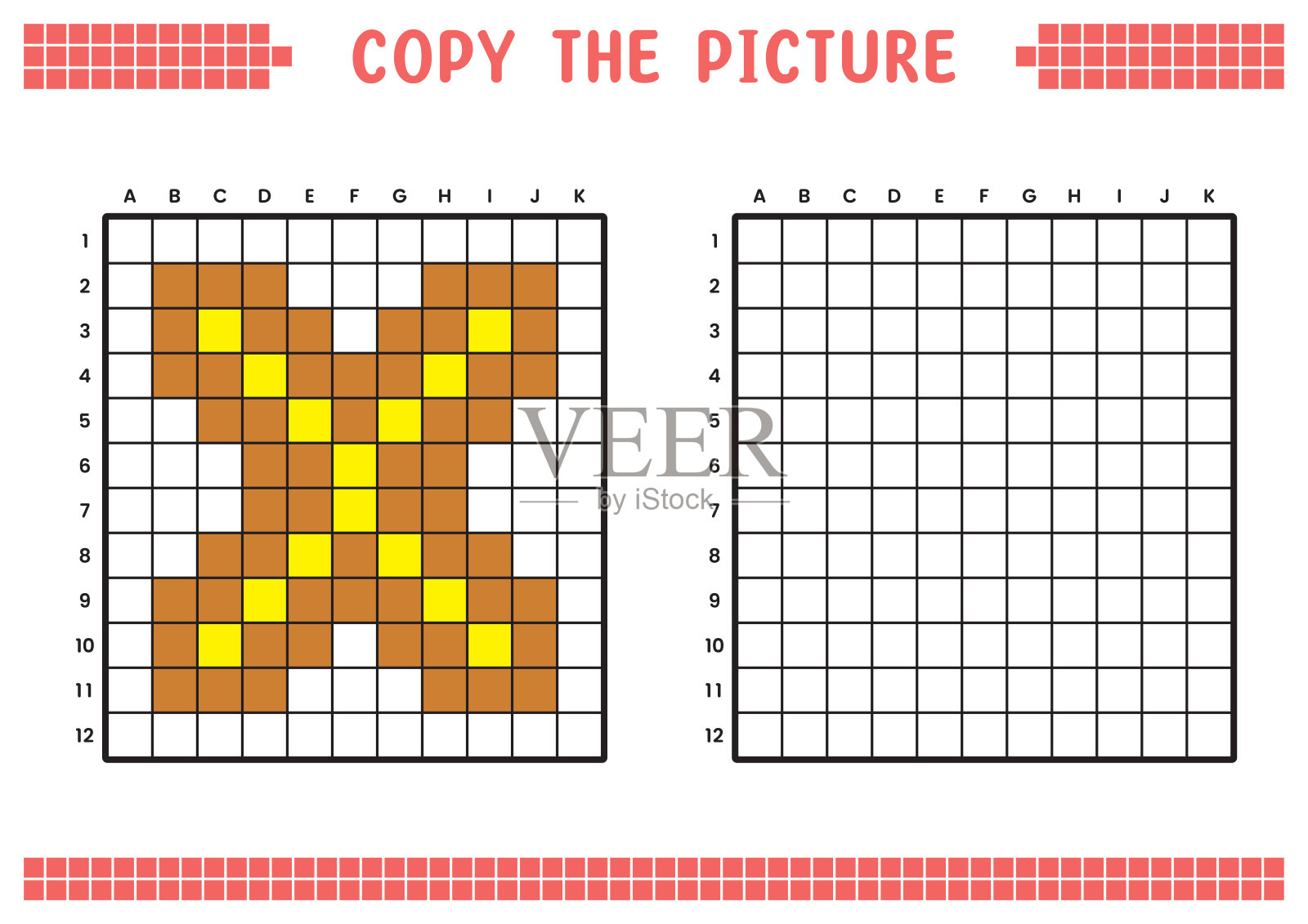 复制图片，完成网格图像。用正方形绘制的教育工作表，着色单元格区域。学前活动，儿童游戏。卡通矢量插图，像素艺术。字母X。插画图片素材