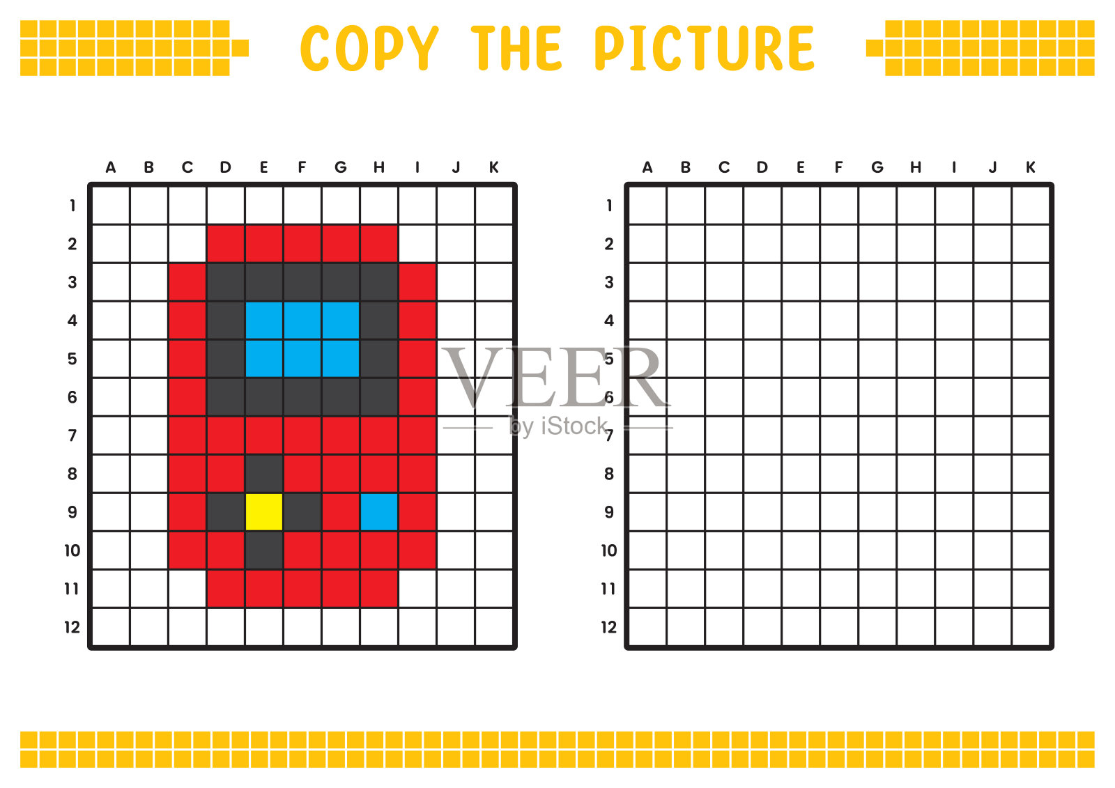 复制图片，完成网格图像。用正方形绘制的教育工作表，着色单元格区域。学前活动，儿童游戏。卡通矢量插图，像素艺术。游戏机器人。插画图片素材