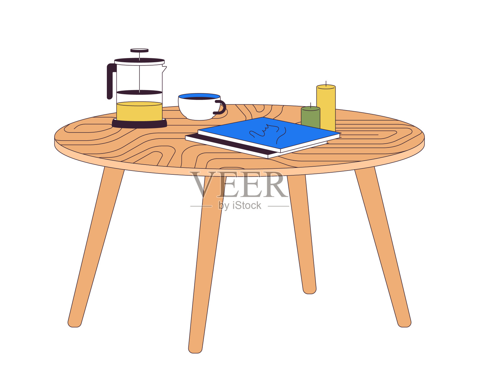 低桌与茶，杂志和蜡烛二维线性卡通对象插画图片素材
