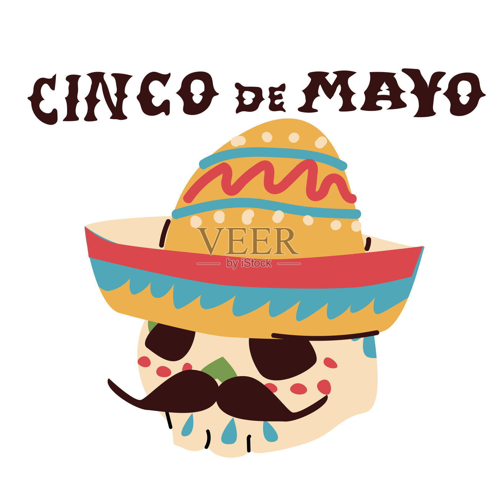 墨西哥头骨与民间装饰在宽边帽孤立插画图片素材