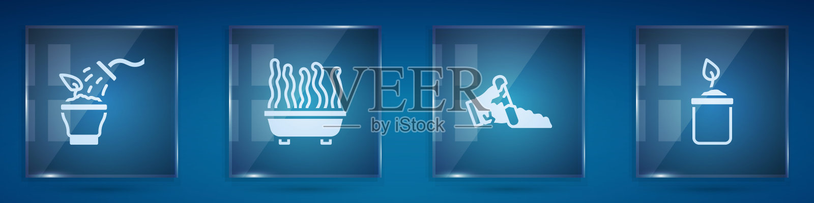 集喷苗、花盆、碎苗瓶。方形玻璃板。向量插画图片素材