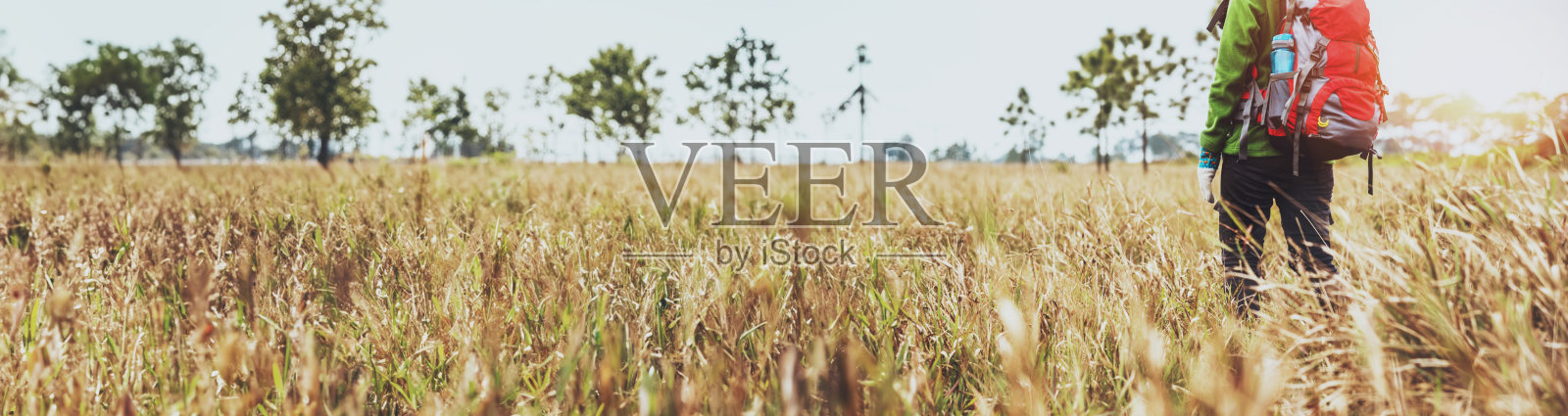 亚洲女性在大自然中旅行。旅行放松。背包走在森林里的草地上。泰国照片摄影图片