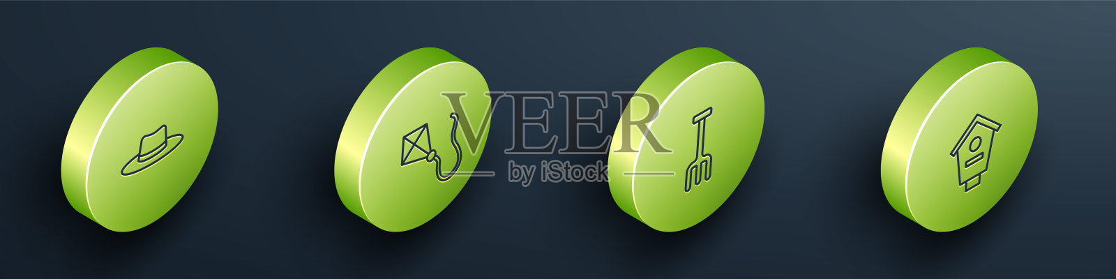 设置等距线园丁工人帽，风筝，耙和鸟的房子图标。向量插画图片素材