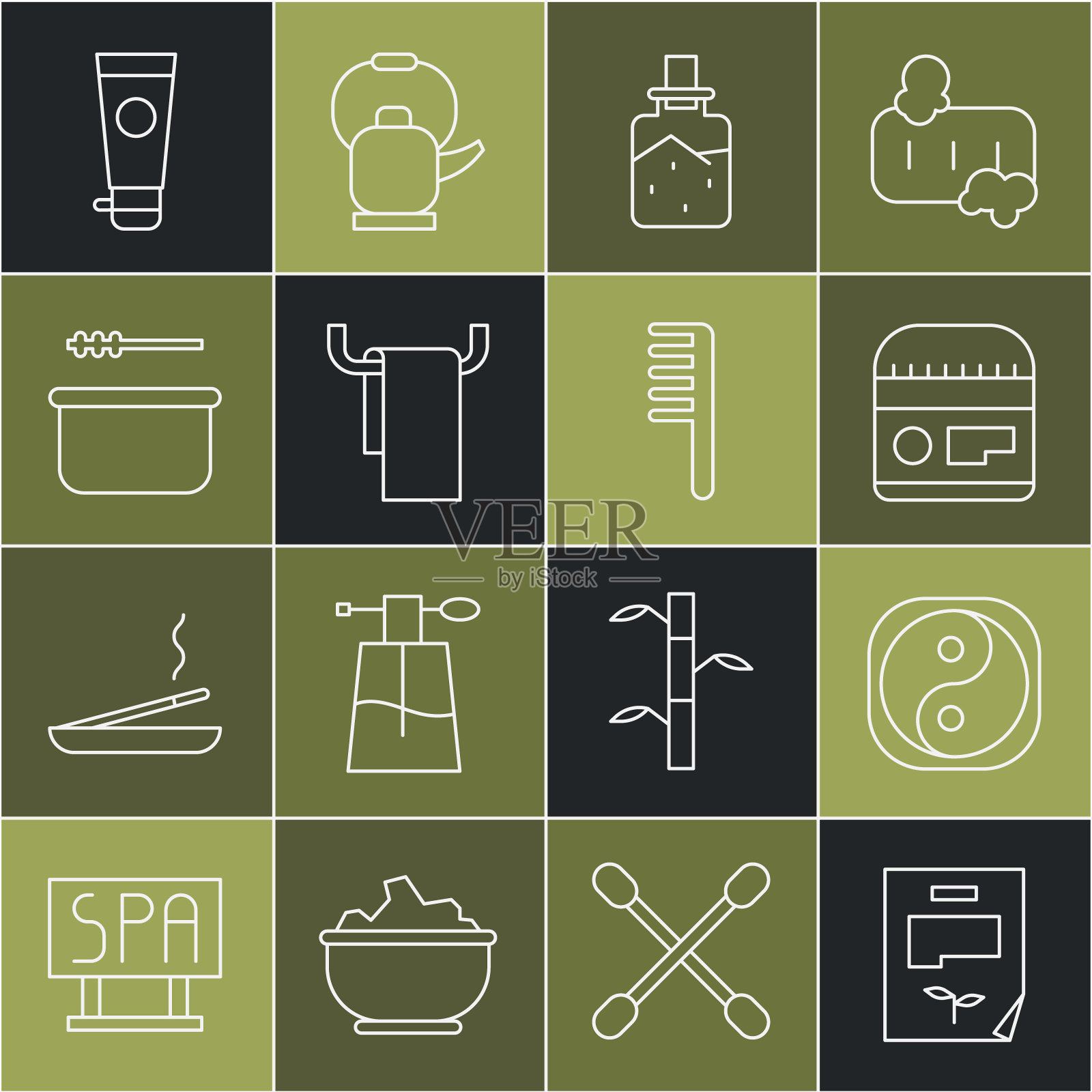 设置线叶文件，阴阳，乳霜或乳液化妆品管，水疗盐，毛巾架，桑拿桶和勺子，和发刷图标。向量插画图片素材