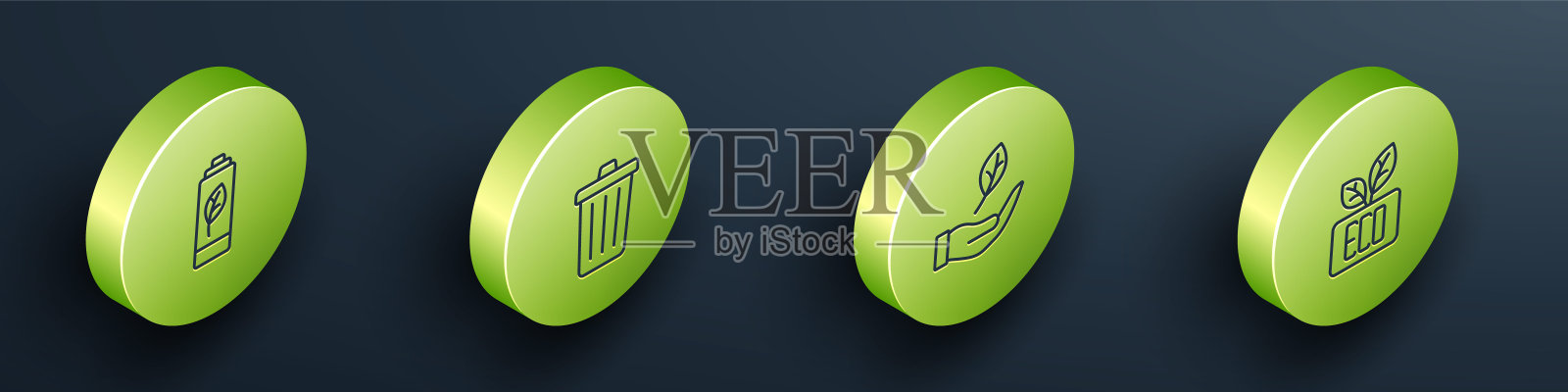 设置等距线生态自然叶电池，垃圾桶，叶在手和符号图标。向量插画图片素材