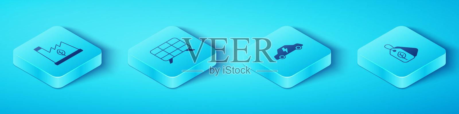 集等距工厂回收垃圾，太阳能电池板，标签与叶片和电动汽车图标。向量插画图片素材