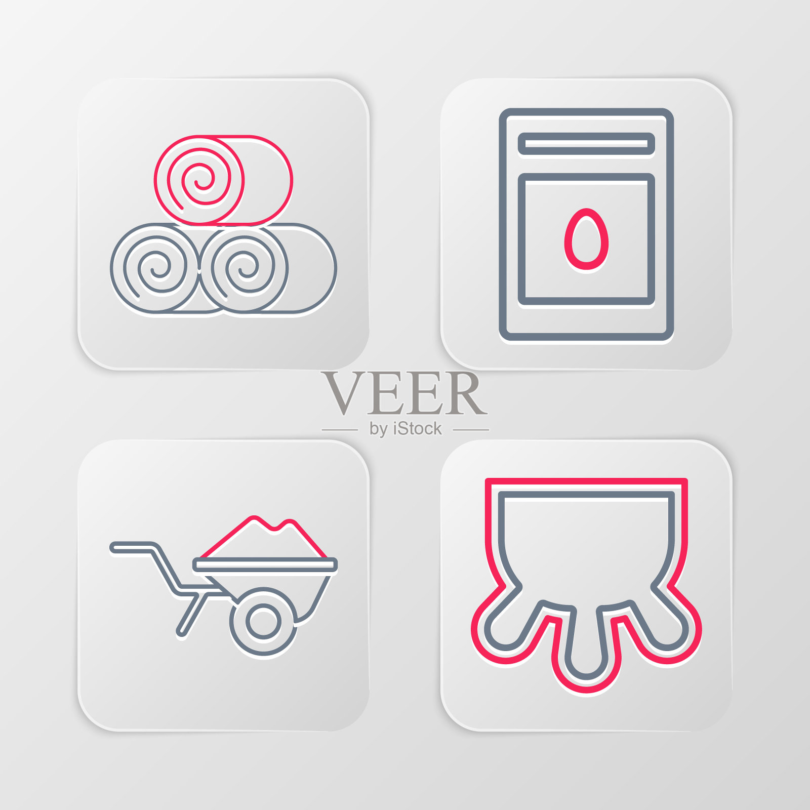 设置线乳房，手推车与泥土，包满种子的植物和滚动干草图标。向量插画图片素材