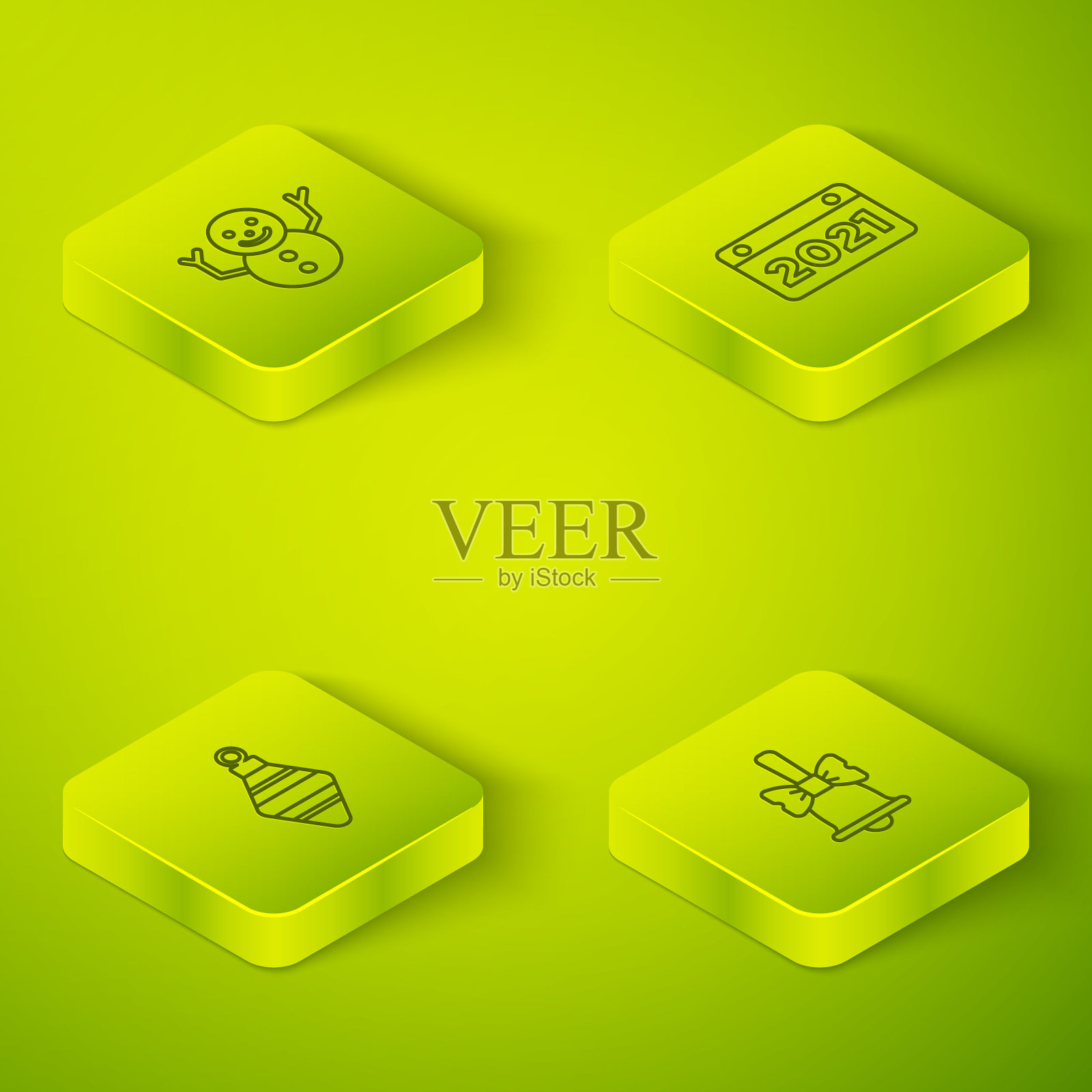 2.5D等距线日历、圣诞球、铃铛和雪人图标矢量素材插画图片素材