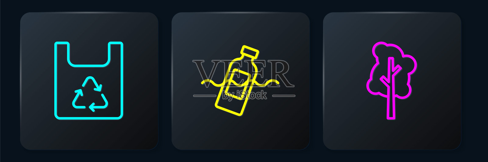 设定购物袋与回收，树木和污染的问题。黑色方形按钮。向量插画图片素材