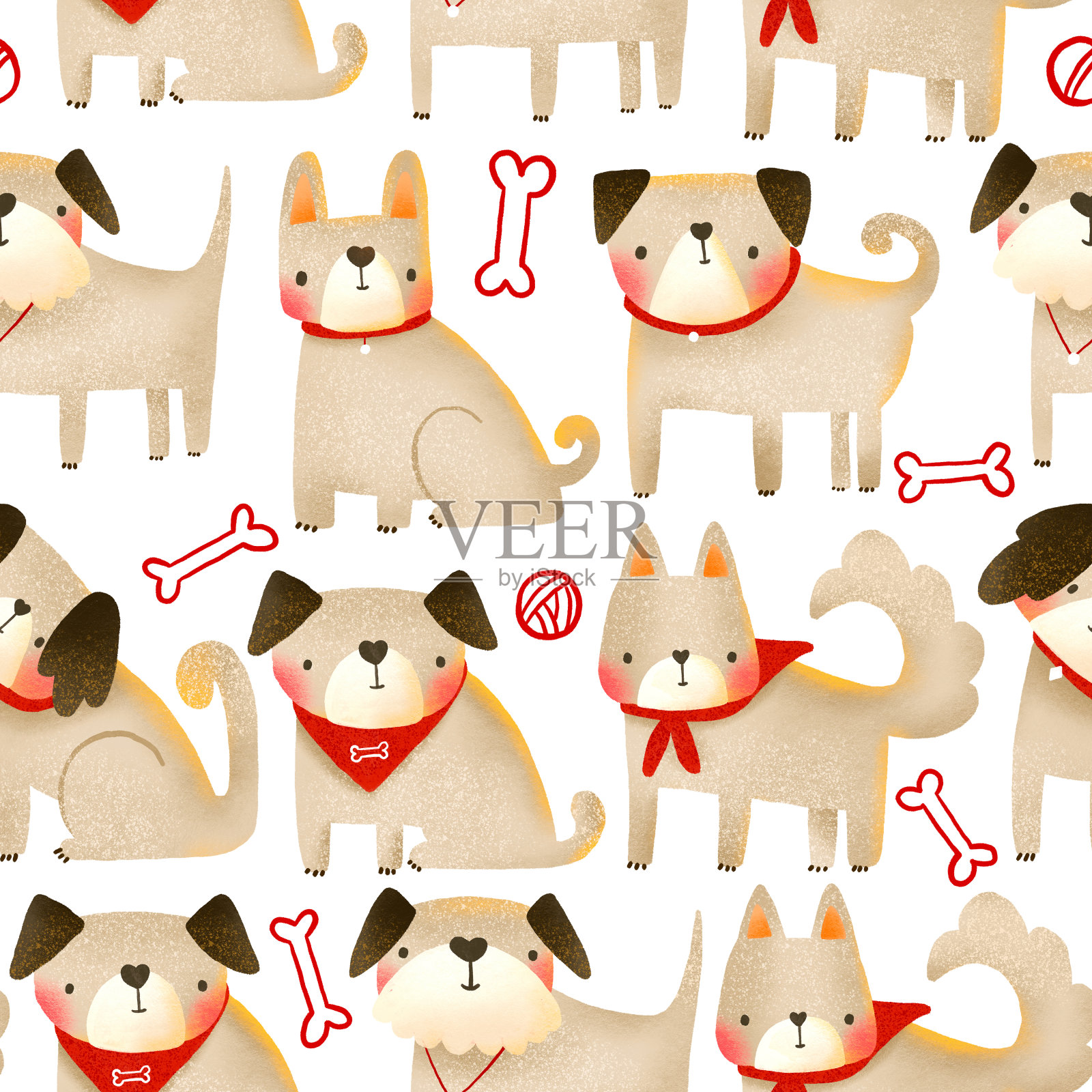 无缝图案与有趣的卡通狗玩具和零食。小狗插图。手绘背景插图上孤立的背景。孩子们设计插画图片素材