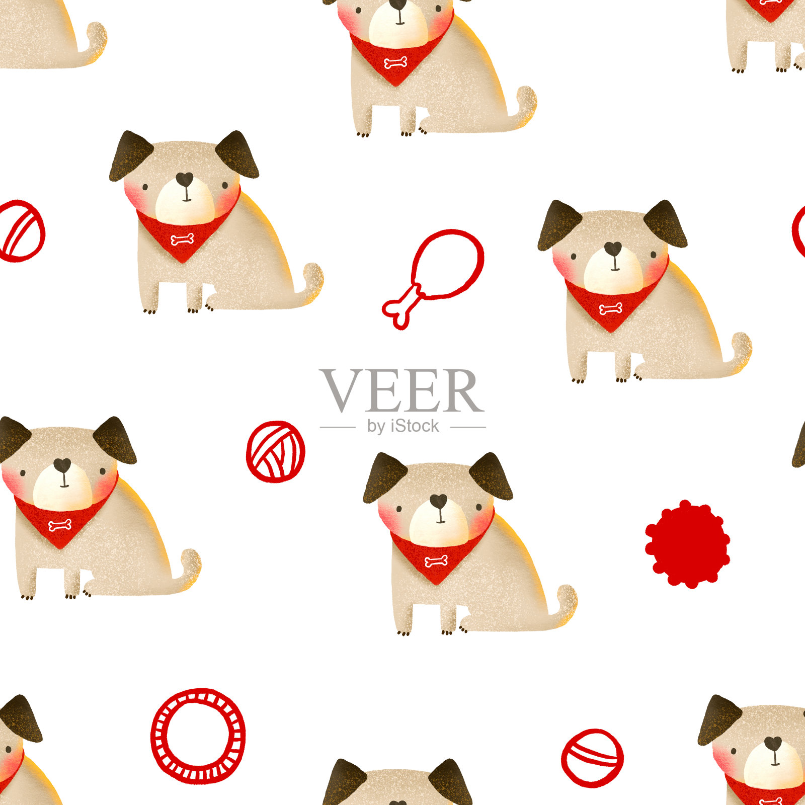 无缝图案与有趣的卡通狗与玩具，骨头和零食。小狗插图。手绘背景插图上孤立的背景。孩子们设计插画图片素材