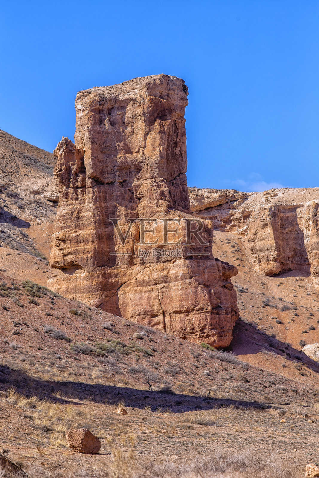 哈萨克斯坦沙漠中巨大的查林峡谷。万里无云的蓝天。画面中央有一块巨大的黄色突出岩石。没有人。景观野生动物的所有荣耀照片摄影图片