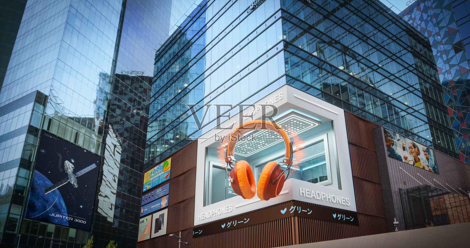 一个耳机的大城市3D广告牌。市区摩天大楼创意科技设备广告。广告理念与沉浸式创新娱乐展示，视觉创意照片摄影图片