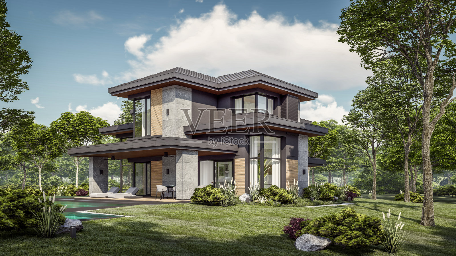 3D渲染灰色和木质双层现代住宅，采光充足照片摄影图片