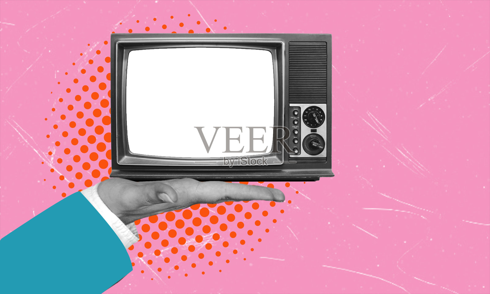 艺术拼贴，电视在手粉红色的背景与复制空间。照片摄影图片