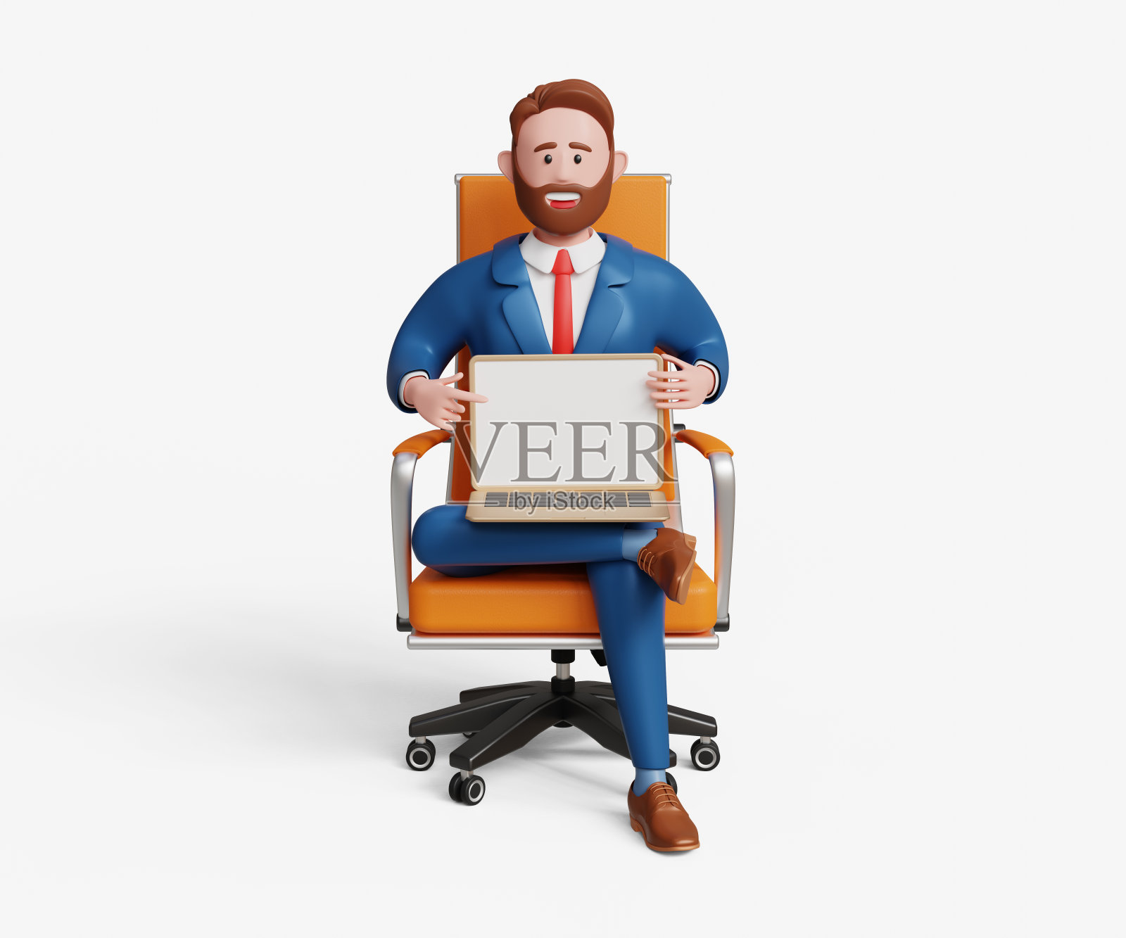 3D商人用手指指着空白的笔记本电脑屏幕。企业家、CEO、领导力、演讲、在线教育、特殊招生优惠。坐在轮椅上办公的商人照片摄影图片