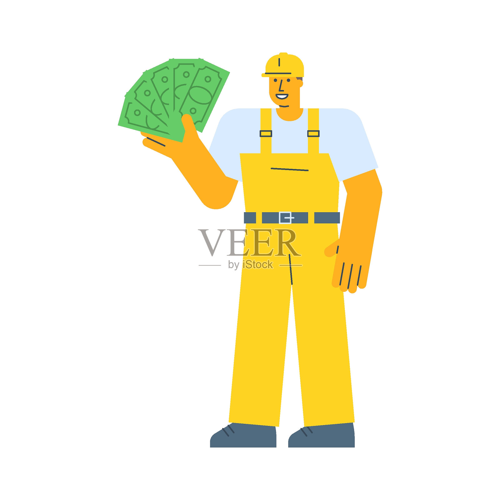 建筑工人手里拿着五张钞票，面带微笑插画图片素材