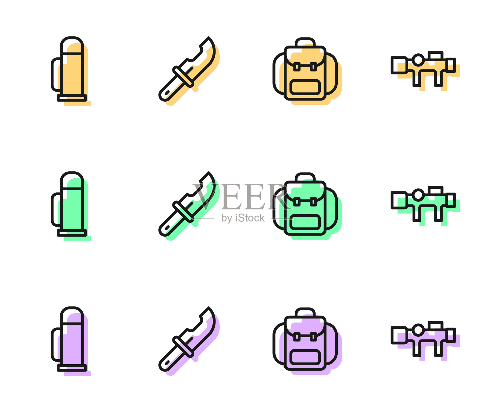 Set line远足背包，保温瓶容器，猎人刀和狙击手光学瞄准镜图标。向量插画图片素材