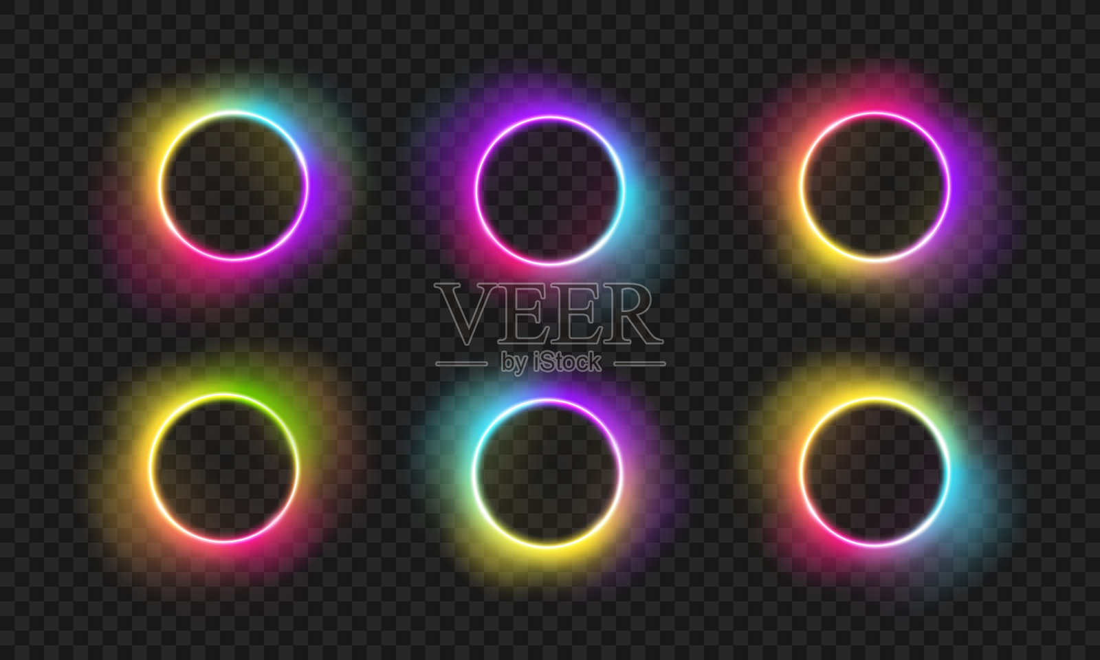 明亮的霓虹灯彩虹圈与透明发光效果。矢量彩色框架与霓虹灯效果的标志设计。PNG发光效果。彩虹传送门，神奇的光芒。插画图片素材