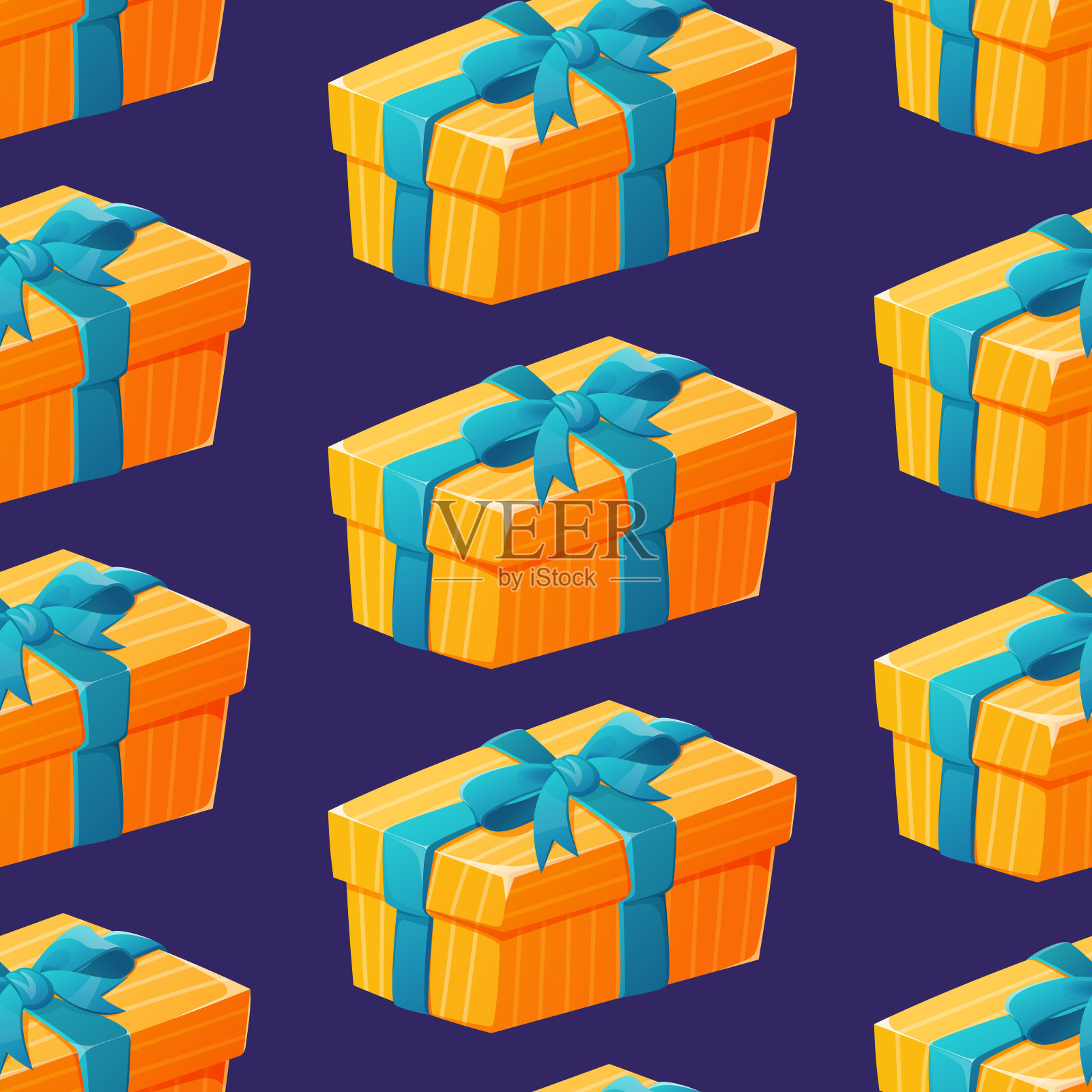 带蝴蝶结的黄色条纹礼盒。矢量无缝卡通图案，为生日，周年纪念日或其他假期。插画图片素材