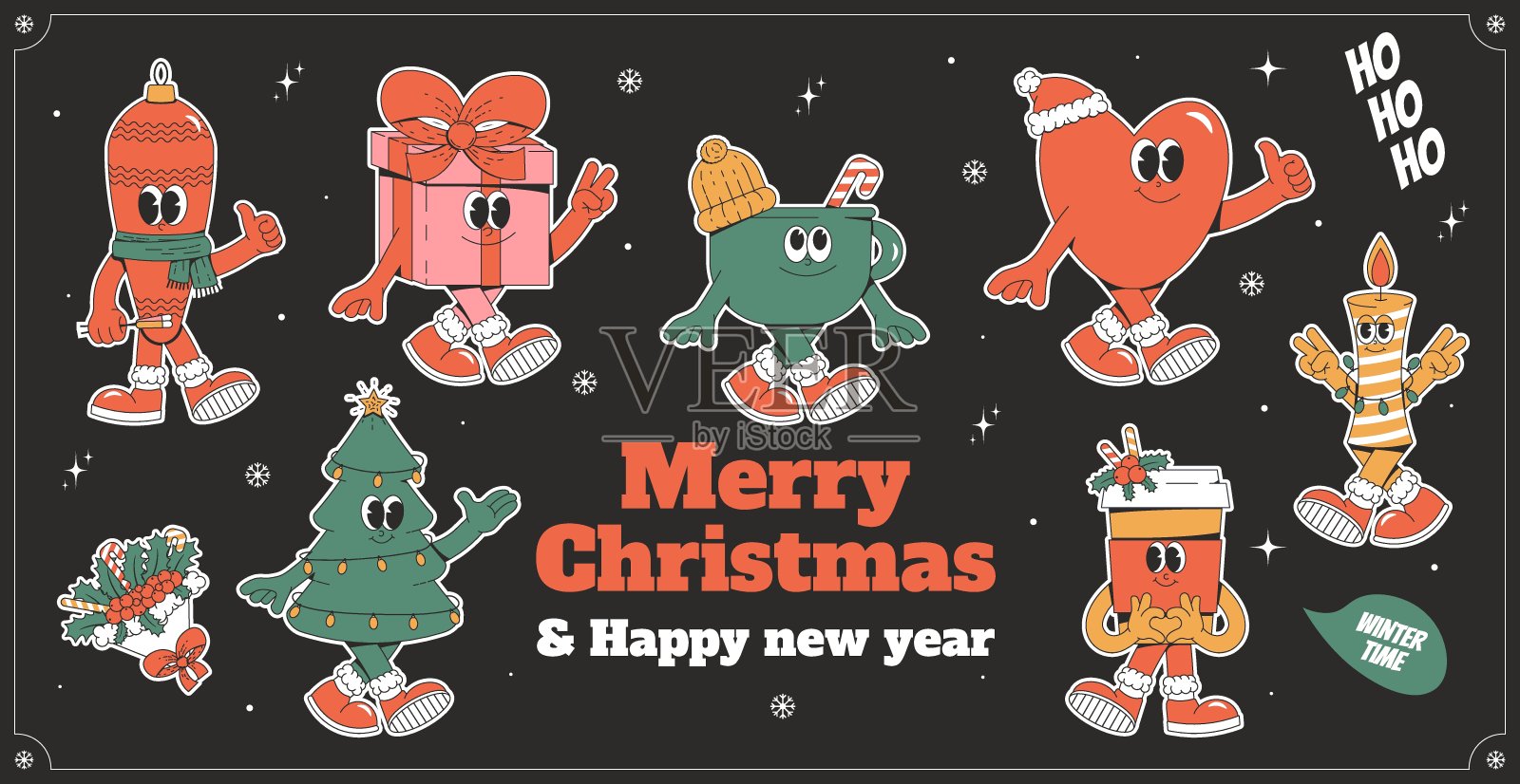 圣诞节新年主题贴纸包：潮流复古卡通元素矢量插画插画图片素材