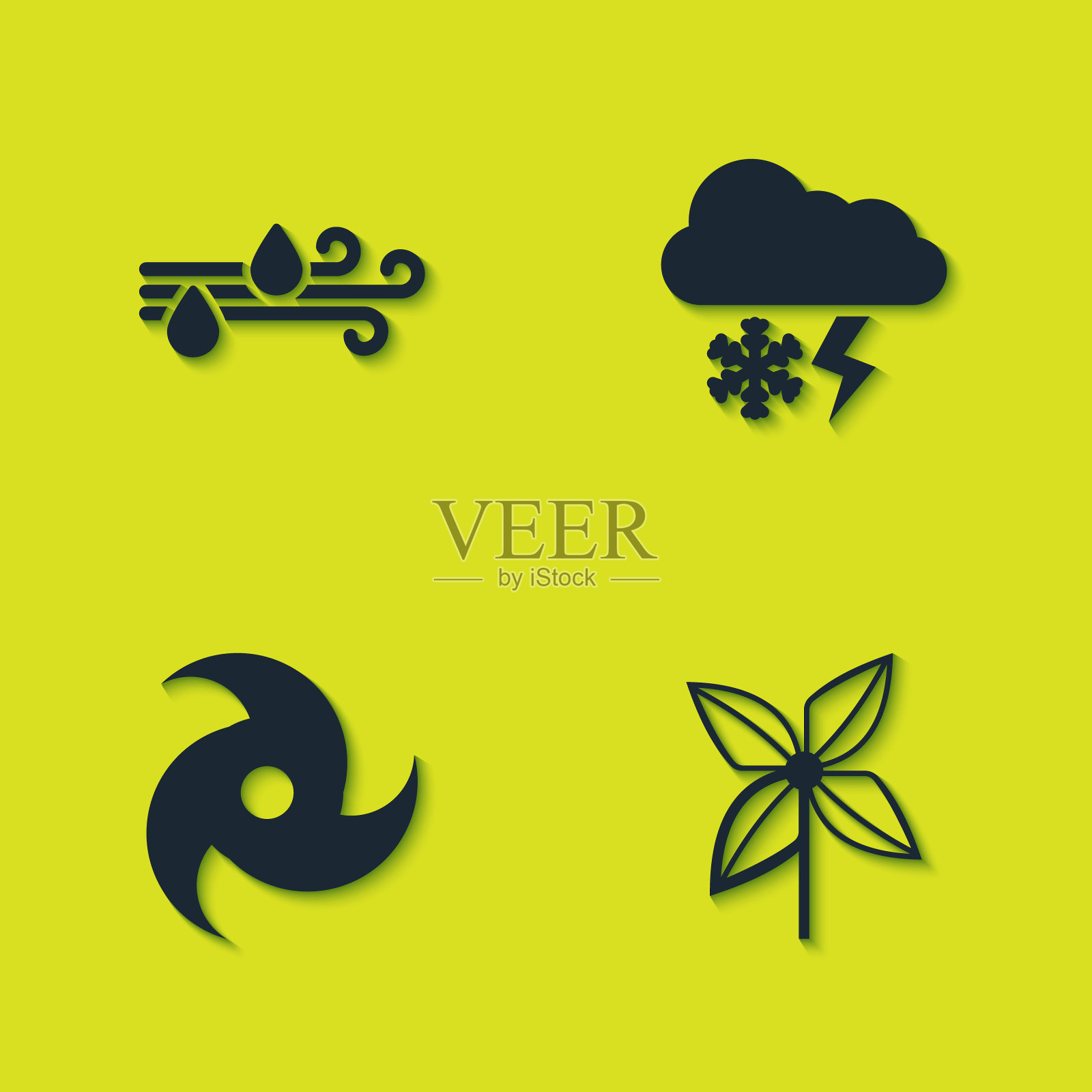 集风和雨，风车，龙卷风和云与雪闪电图标。向量插画图片素材