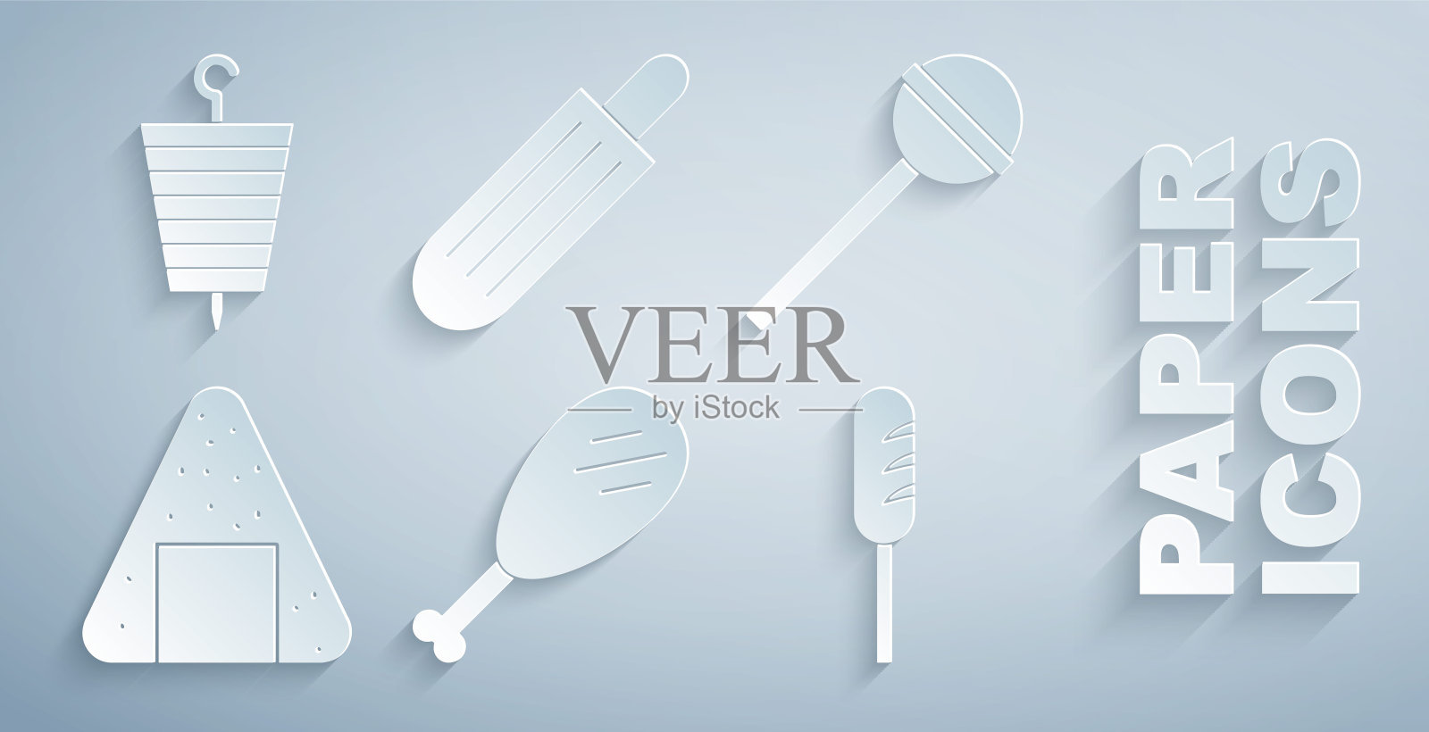 鸡腿，棒棒糖，饭团，炸香肠，法式热狗和烤羊肉串。向量插画图片素材