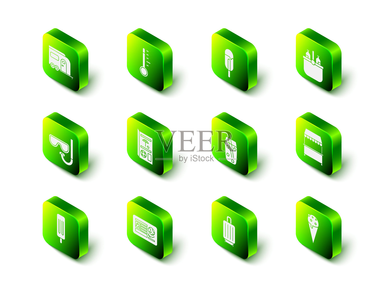 设置气象温度计，冰淇淋，冷却器袋和水，有遮阳棚的街头摊位，华夫饼蛋筒，鸡尾酒酒精饮料，手提箱和护照签证印章图标。向量插画图片素材