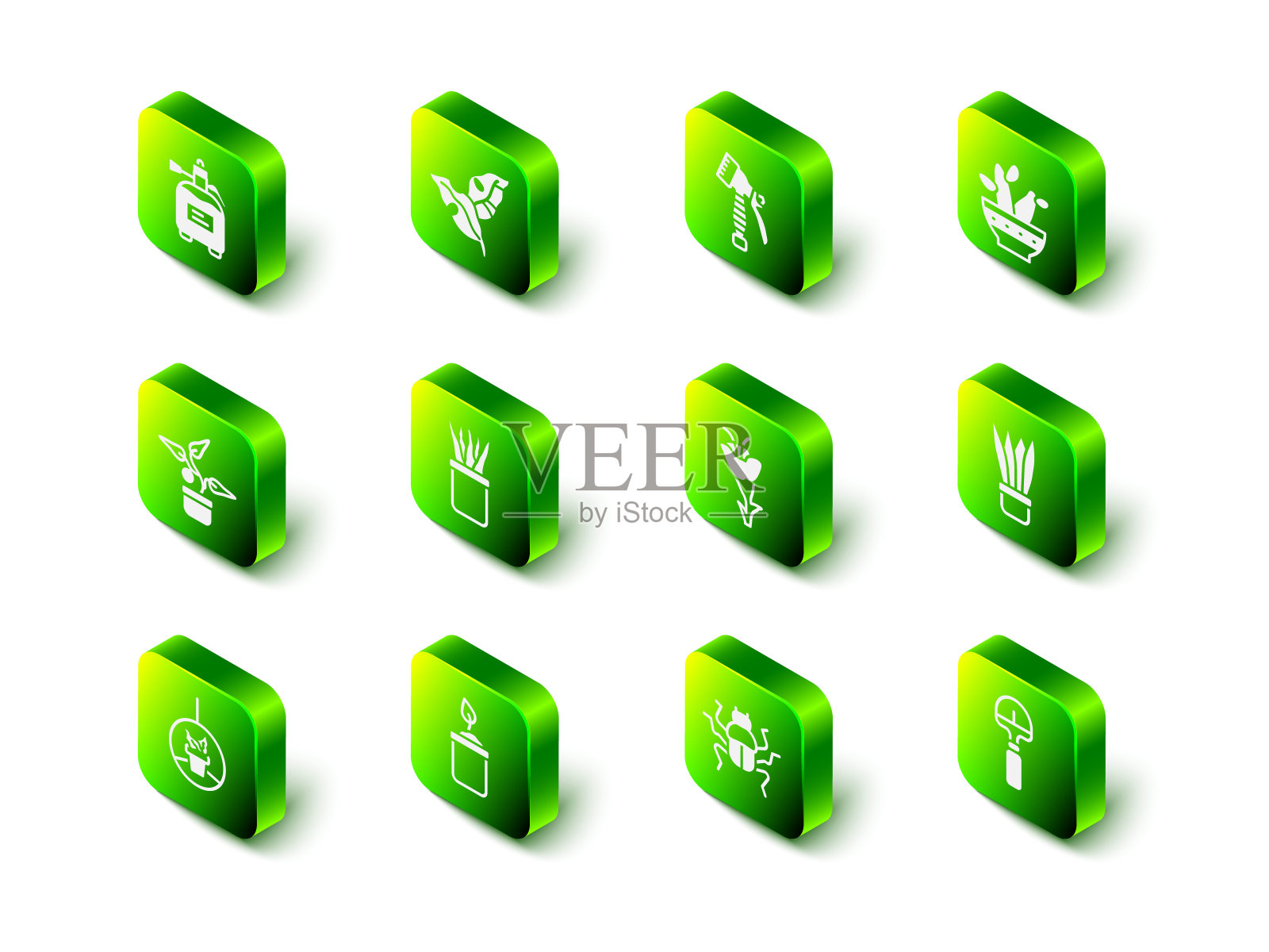 集热带树叶，水喷雾瓶，仙人掌佩奥特奥特在锅，植物，铲子，花，甲虫虫和萌芽图标。向量插画图片素材