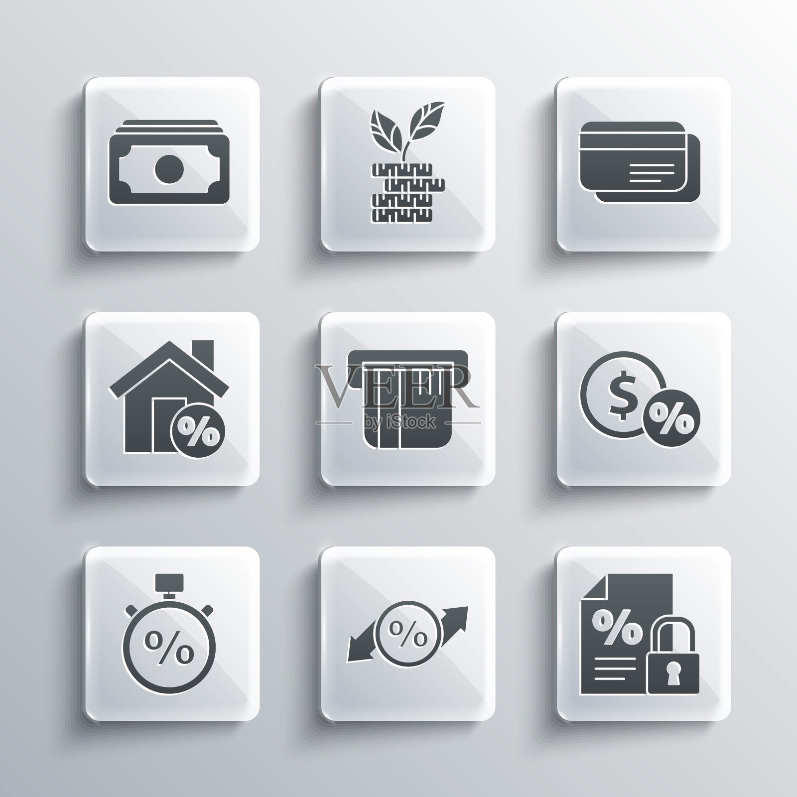 设置折扣百分比标签，财务文件和锁，货币硬币，信用卡，秒表，房屋百分比折扣，堆栈纸币现金和图标。向量插画图片素材